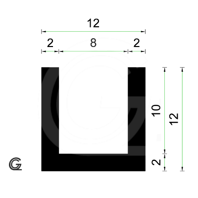 Rubber U Profiel | binnenmaat 8 mm | hoogte 12 mm | dikte 2 mm | Per Meter